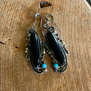 Southwestern Black Onyx , turquoise, and Sterling Stamped Sign Earrings